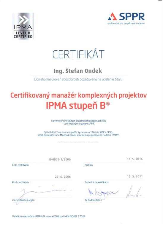 certifikát IPMA B Štefan Ondek